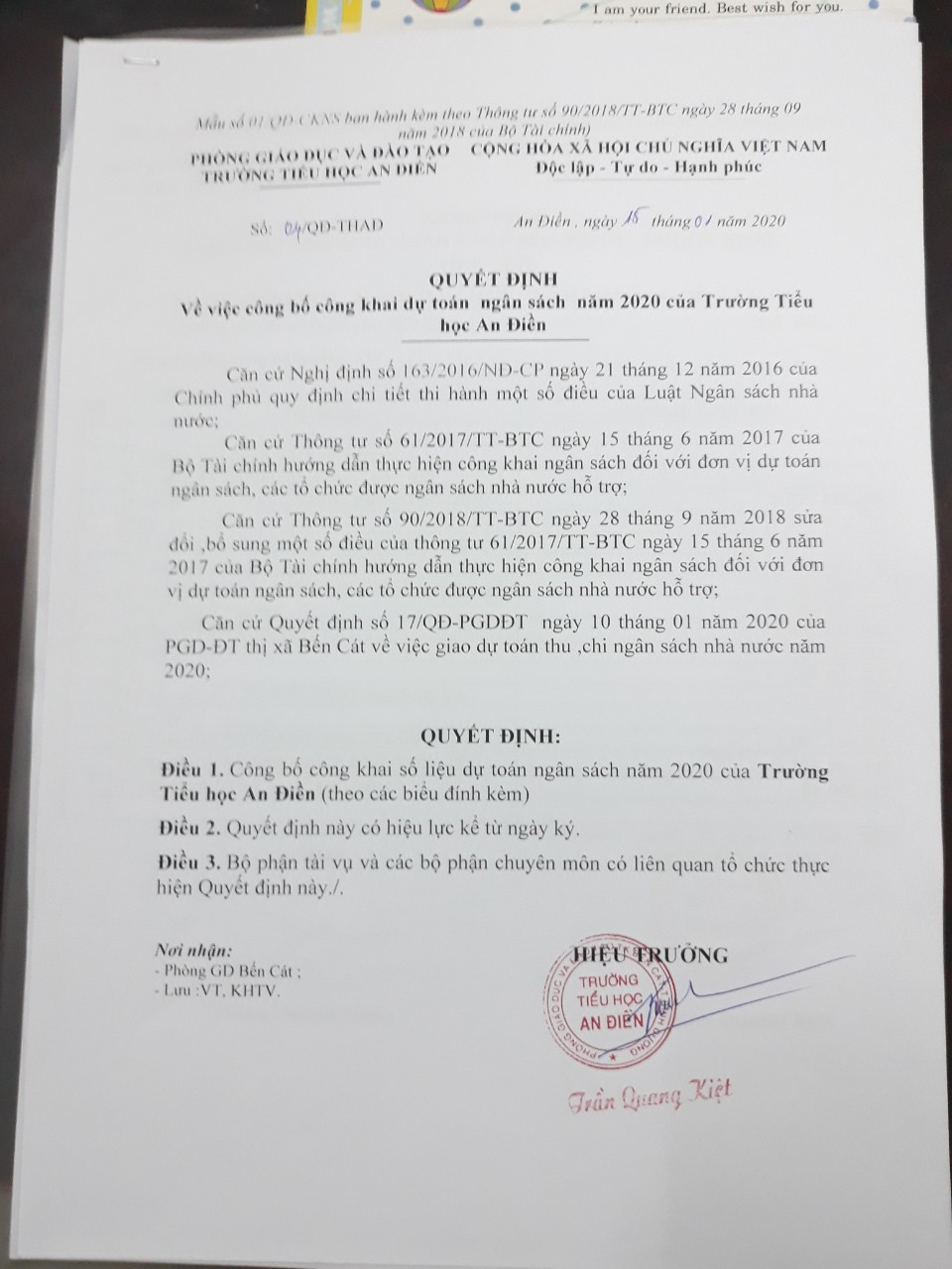 Công khai tài chính đầu năm 2020