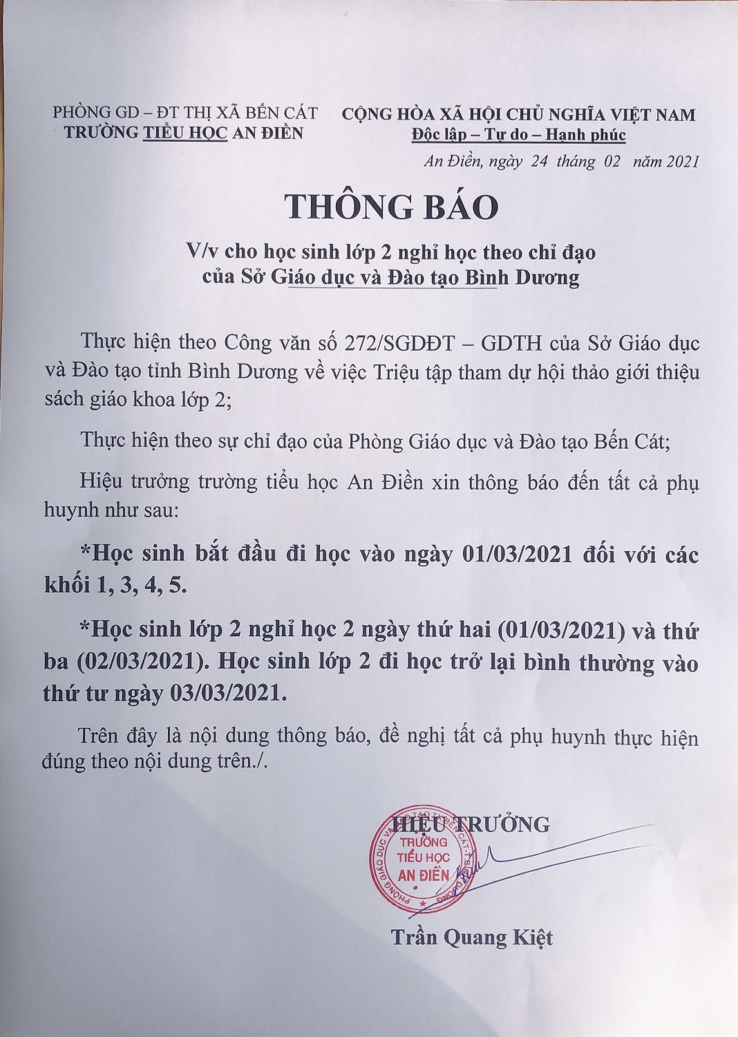 Cho học sinh lớp 2 nghỉ học theo chỉ đạo của Sở GD@ĐT Bình Dương