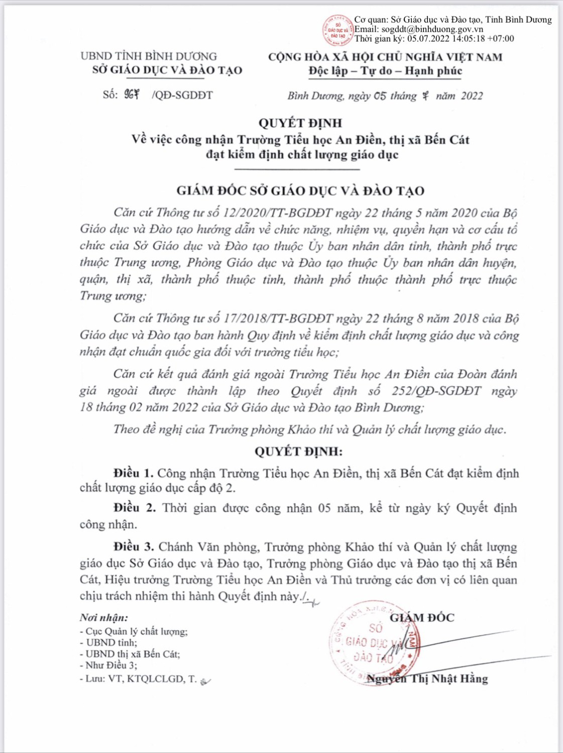 SGD QĐ công nhận trường TH An Điền đạt kiểm định chất lượng giáo dục