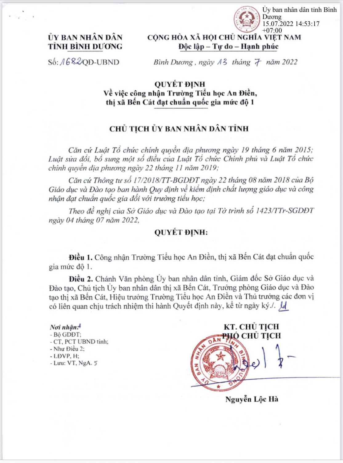 UBND tinh QĐ công nhận trường TH An Điền đạt chuẩn quốc gia mức độ 1